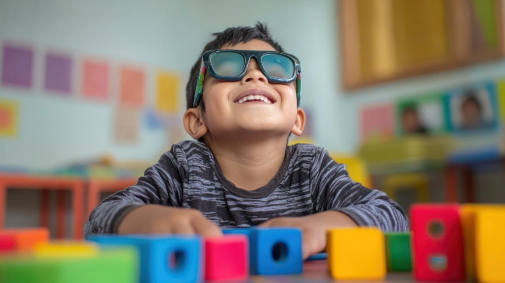 Hispanic blind child enjoying sensory learning activities in a school in Lima, Peru